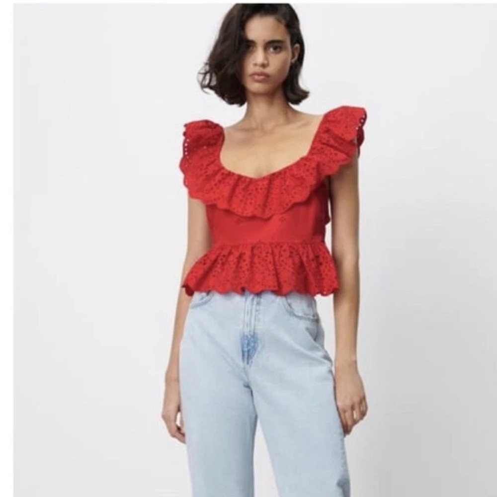 Zara Openwork Embroidered Top Red Eyelet Ruffle Medium Cotton tomatogirl